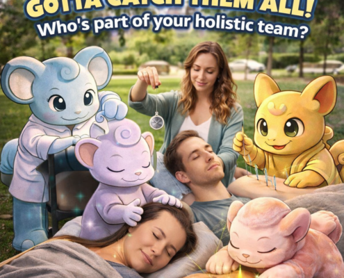 A colorful, playful illustration inspired by fantasy creature trading card games showing a holistic wellness team working together. Cute cartoon healer characters perform different therapies on relaxed patients in a peaceful outdoor setting. One character provides chiropractic care, another craniosacral therapy, another hypnotherapy using a pendulum, another acupuncture with glowing needles, and another massage therapy. Sparkling energy effects and soft rainbow light surround the scene. Bold text at the top reads, “Gotta Catch Them All! Who’s part of your holistic team?” The overall mood is calming, joyful, and focused on integrative healing.