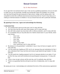 “SUBCONSCOUS Sexual Consent” by Dr. Mary Nochimson that reads like a brutally honest mental contract for sex. It lists real-world risks people often ignore — emotional fallout, being talked about afterward, no guaranteed pleasure, possible STDs, pregnancy, no relationship, and possible ghosting. The document ends with a signature line, framing sex as a conscious decision with physical, emotional, and psychological consequences.