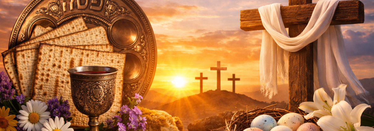 Featured image showing symbolic elements of Passover and Easter at sunrise. On the left, a Passover Seder plate with matzah, a Kiddush cup, flowers, and a Haggadah; on the right, a wooden cross draped with white cloth, lilies, and a nest of pastel eggs. In the background, three crosses stand on a hill against a glowing golden sky, representing themes of liberation, renewal, and shared spiritual healing.
