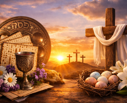 Featured image showing symbolic elements of Passover and Easter at sunrise. On the left, a Passover Seder plate with matzah, a Kiddush cup, flowers, and a Haggadah; on the right, a wooden cross draped with white cloth, lilies, and a nest of pastel eggs. In the background, three crosses stand on a hill against a glowing golden sky, representing themes of liberation, renewal, and shared spiritual healing.