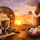 Featured image showing symbolic elements of Passover and Easter at sunrise. On the left, a Passover Seder plate with matzah, a Kiddush cup, flowers, and a Haggadah; on the right, a wooden cross draped with white cloth, lilies, and a nest of pastel eggs. In the background, three crosses stand on a hill against a glowing golden sky, representing themes of liberation, renewal, and shared spiritual healing.