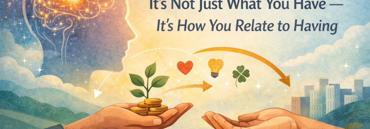 Digital illustration showing a glowing brain symbolizing the power of the mind influencing prosperity, with hands exchanging coins that grow into a plant, surrounded by icons of opportunity, luck, and growth.