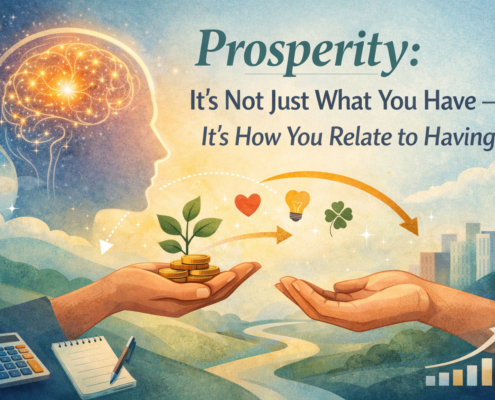 Digital illustration showing a glowing brain symbolizing the power of the mind influencing prosperity, with hands exchanging coins that grow into a plant, surrounded by icons of opportunity, luck, and growth.