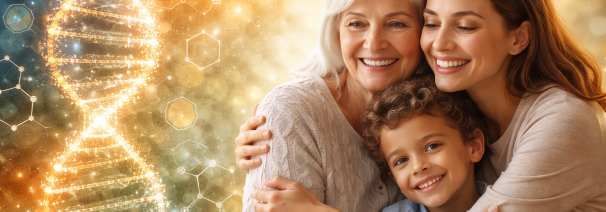 Featured image illustrating generational healing and epigenetics. A grandmother, mother, and young child embrace warmly while a glowing DNA strand and molecular diagrams appear beside them, symbolizing how life experiences and environment can influence gene expression across generations.