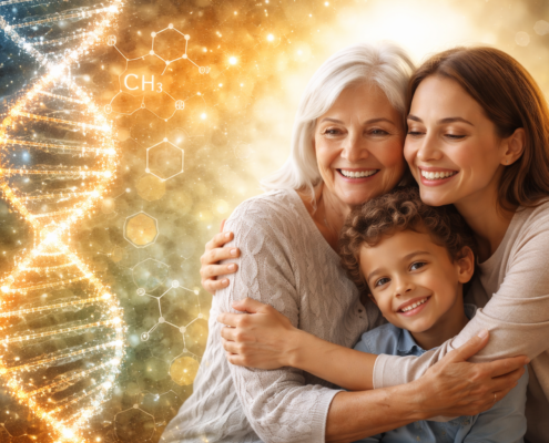 Featured image illustrating generational healing and epigenetics. A grandmother, mother, and young child embrace warmly while a glowing DNA strand and molecular diagrams appear beside them, symbolizing how life experiences and environment can influence gene expression across generations.
