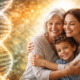 Featured image illustrating generational healing and epigenetics. A grandmother, mother, and young child embrace warmly while a glowing DNA strand and molecular diagrams appear beside them, symbolizing how life experiences and environment can influence gene expression across generations.
