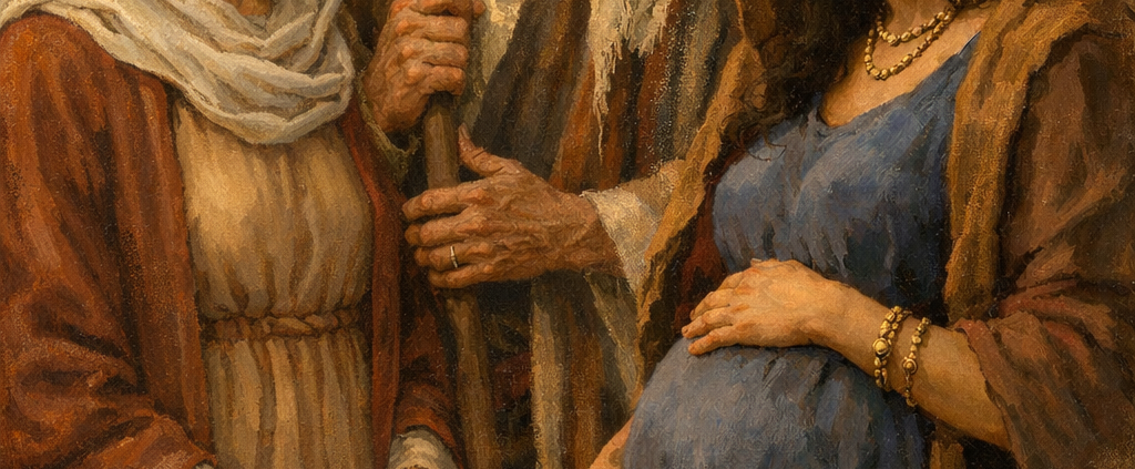 A classical-style biblical oil painting showing Abraham standing between Sarah and Hagar in a desert landscape. Abraham is an elderly bearded man wearing traditional robes and a head covering, holding a staff and looking thoughtfully toward Hagar. Sarah, dressed in modest earth-toned garments and a light headscarf, stands beside him with a calm but observant expression. Hagar, a young woman in a blue dress and brown shawl, gently cradles her visibly pregnant belly as she looks downward. In the background are desert hills, a tent, and distant animals under warm golden light, evoking an ancient Middle Eastern setting.