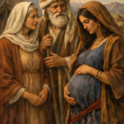 A classical-style biblical oil painting showing Abraham standing between Sarah and Hagar in a desert landscape. Abraham is an elderly bearded man wearing traditional robes and a head covering, holding a staff and looking thoughtfully toward Hagar. Sarah, dressed in modest earth-toned garments and a light headscarf, stands beside him with a calm but observant expression. Hagar, a young woman in a blue dress and brown shawl, gently cradles her visibly pregnant belly as she looks downward. In the background are desert hills, a tent, and distant animals under warm golden light, evoking an ancient Middle Eastern setting.