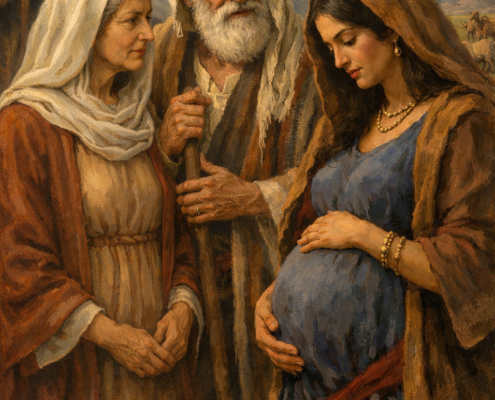 A classical-style biblical oil painting showing Abraham standing between Sarah and Hagar in a desert landscape. Abraham is an elderly bearded man wearing traditional robes and a head covering, holding a staff and looking thoughtfully toward Hagar. Sarah, dressed in modest earth-toned garments and a light headscarf, stands beside him with a calm but observant expression. Hagar, a young woman in a blue dress and brown shawl, gently cradles her visibly pregnant belly as she looks downward. In the background are desert hills, a tent, and distant animals under warm golden light, evoking an ancient Middle Eastern setting.